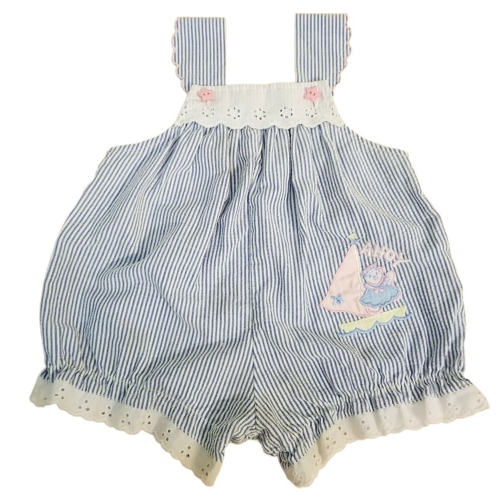 Tiny Tots 18M‎ Blue White Stripe Bubble Romper Vintage 90s AHOY Nautical